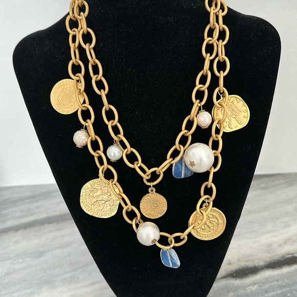 Susan Shaw 24kt hand casted, gold plated statement necklace w coins & pearls. - Picture 4 of 7